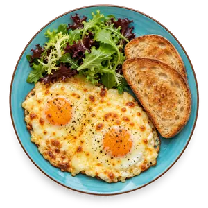 Mqlia aux fromages : deux œufs gratinés, mesclun et pain grillé — Le Pavé, Guéliz Marrakech