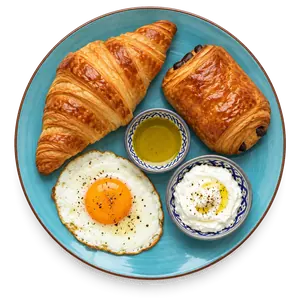 Petit-déjeuner Continental : croissant, pain au chocolat, œuf au plat et fromage blanc — Le Pavé, Guéliz Marrakech