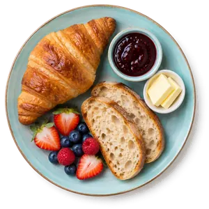 Petit-déjeuner French : croissant, tartines, confiture et beurre — Le Pavé, Guéliz Marrakech