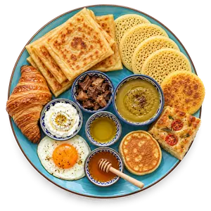 Formule Le Pavé : assortiment complet de msemen, baghrir, harcha, œuf, khlii, bissara et focaccia — Guéliz Marrakech
